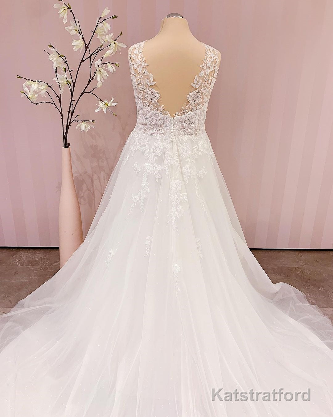 Simple Long V-neck A-Line Backless Wedding Dress With Appliques Lace
