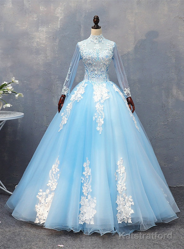 Sky Blue Tulle Long Sleeve Appliques Quinceanera Dress