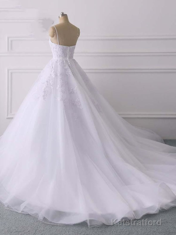 Spaghetti Straps Lace Tulle Ruffles Wedding Dresses