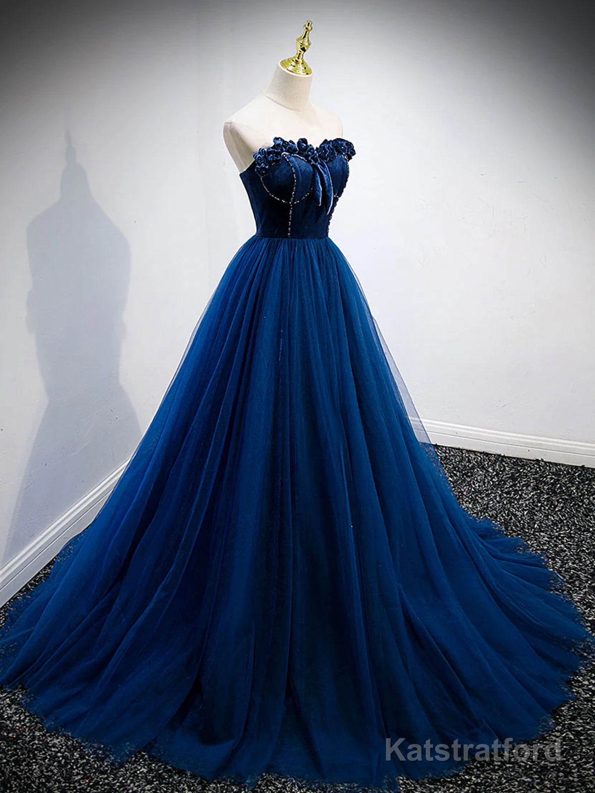Strapless Blue Velvet Long Prom Dresses, Blue Velvet Long Formal Graduation Dresses