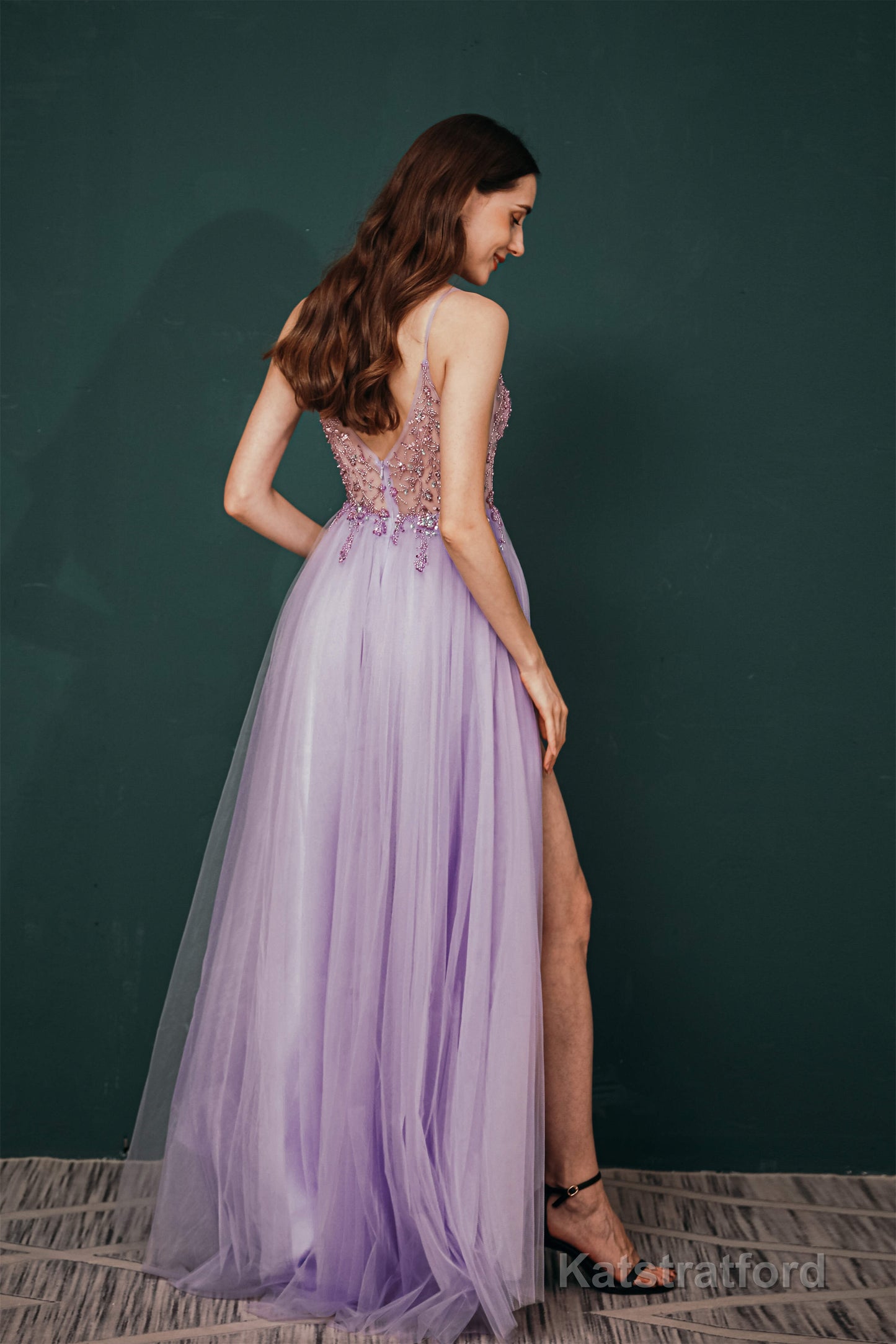 Stunning Front Split Spaghetti Straps Long A Line Beaded Prom Dresses