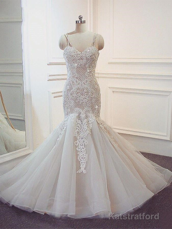 Stunning Long Mermaid Spaghetti Strap Lace Wedding Dresses