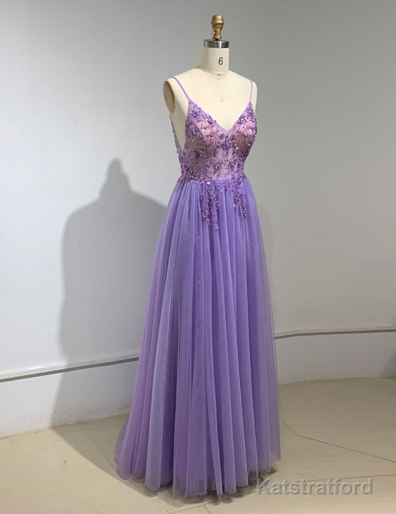 Sweetheart Crystal Prom Dresses Straps Spaghetti Tulle Evening Gown Split Side