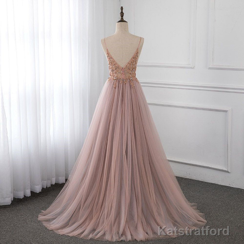Sweetheart Crystal Prom Dresses Straps Spaghetti Tulle Evening Gown Split Side