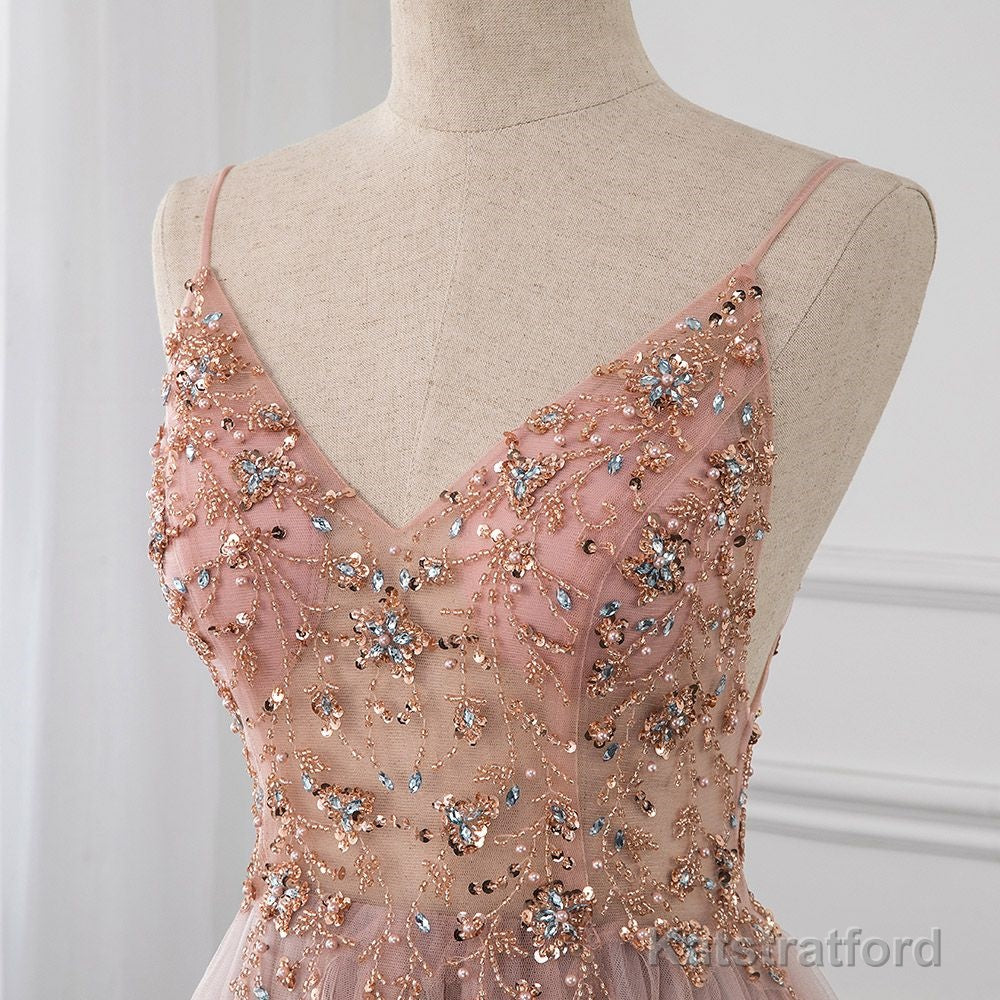 Sweetheart Crystal Prom Dresses Straps Spaghetti Tulle Evening Gown Split Side