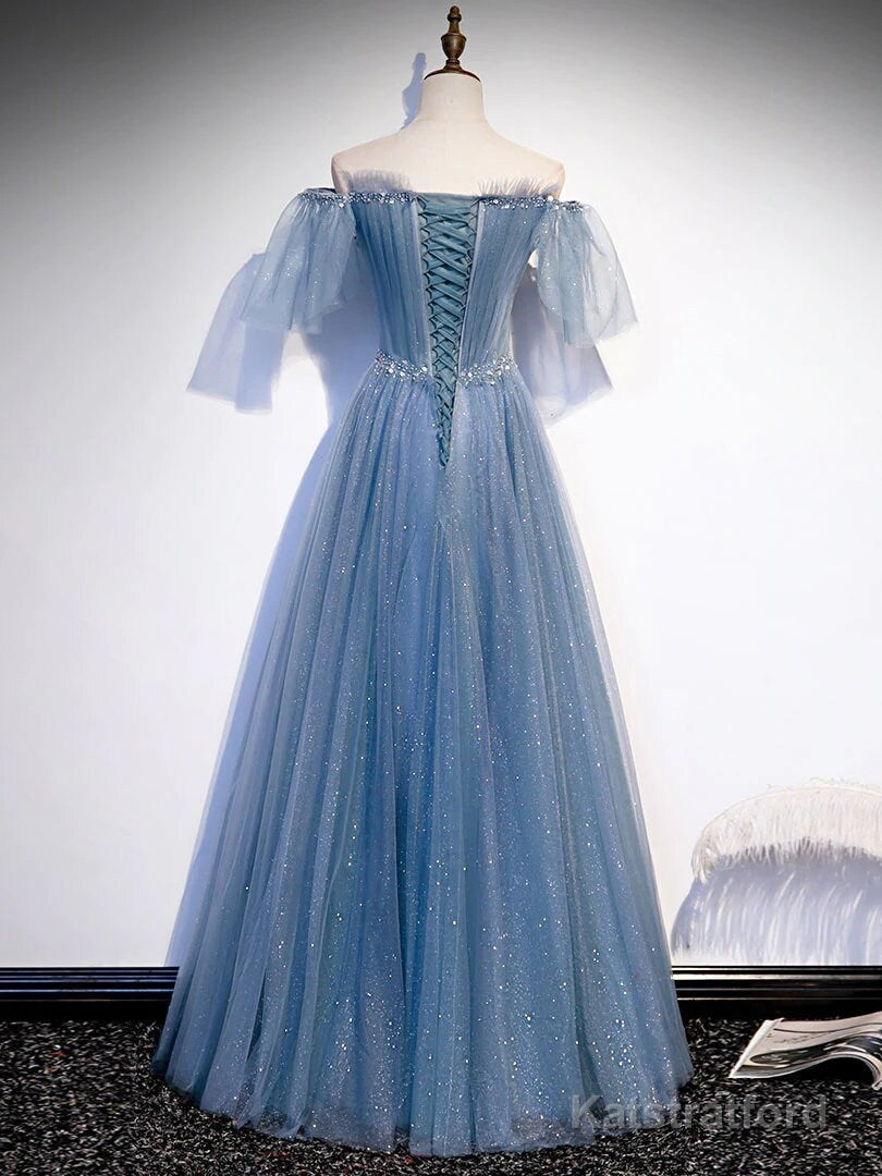 Sweetheart-Neck Tulle Flare Sleeves Beaded Sequin Prom Dresses Formal Evening Dresses