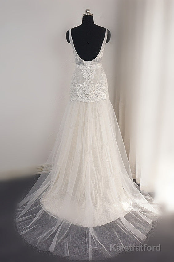 Trendy Ivory Sleeveless Lace Tulle High split A line Wedding Dress