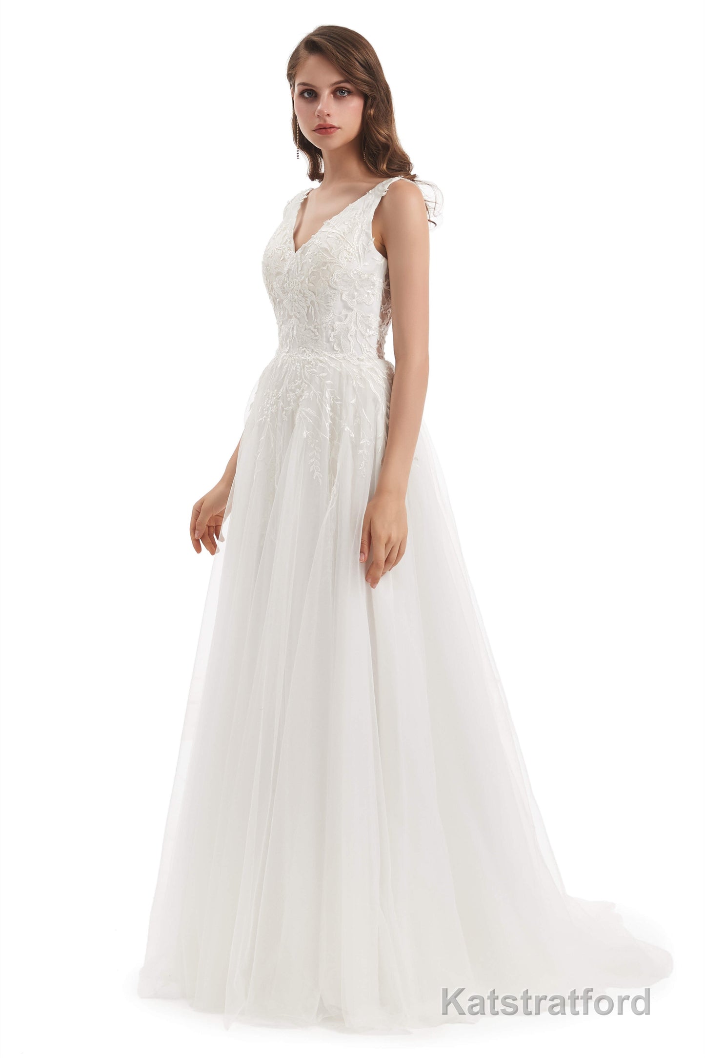 Tulle Lace V-neck Backless Wedding Dresses