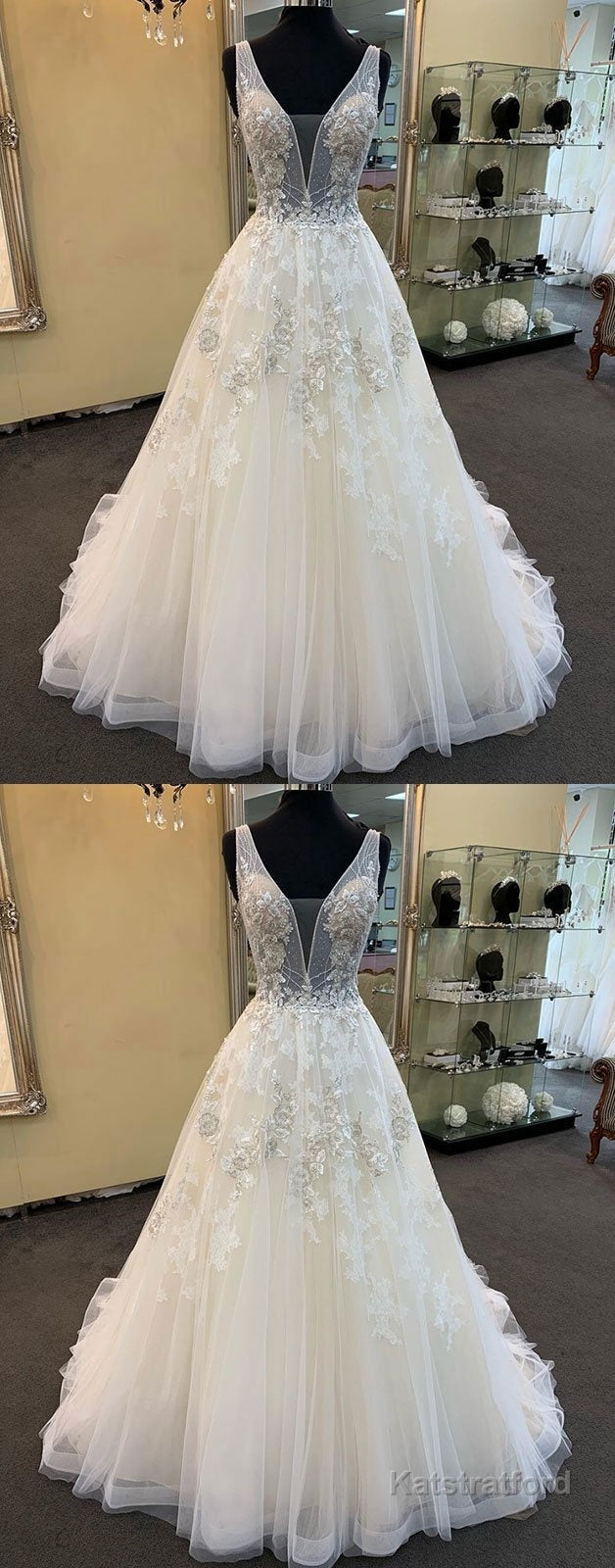 Unique Long A-line Tulle V Neck Beaded Lace Wedding Dress