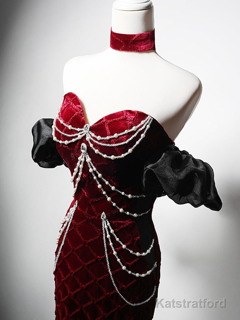 Unique Mermaid Velvet Burgundy Long Prom Dress, Burgundy Long Evening Dress