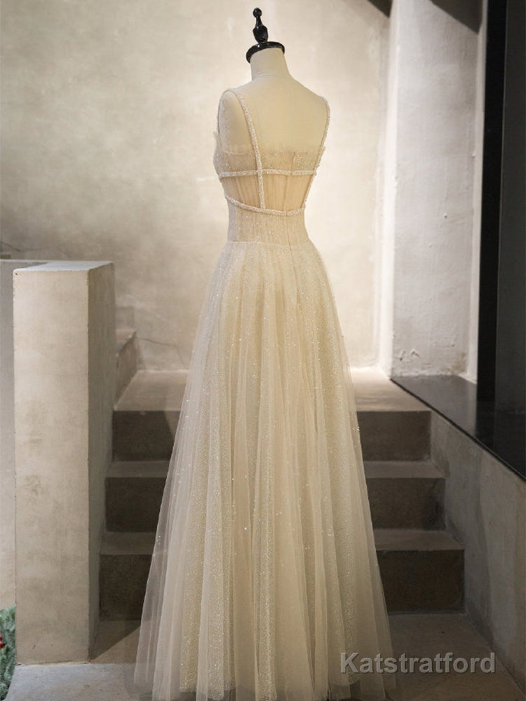 Unique Tulle Sequin Long Prom Dress, Tulle Sequin Graduation Dresses