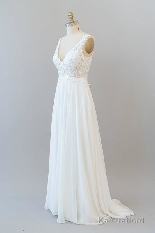V-neck Appliques Chiffon A-line Wedding Dress