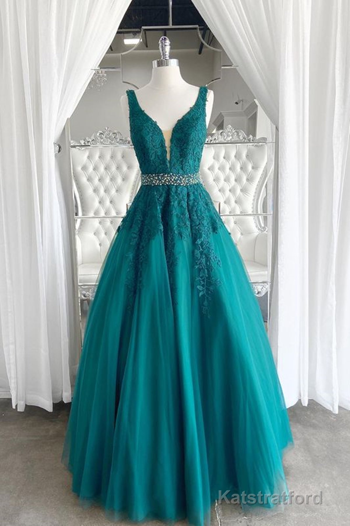 V Neck Dark Green Lace Prom Dresses, Dark Green Lace Formal Evening Dresses