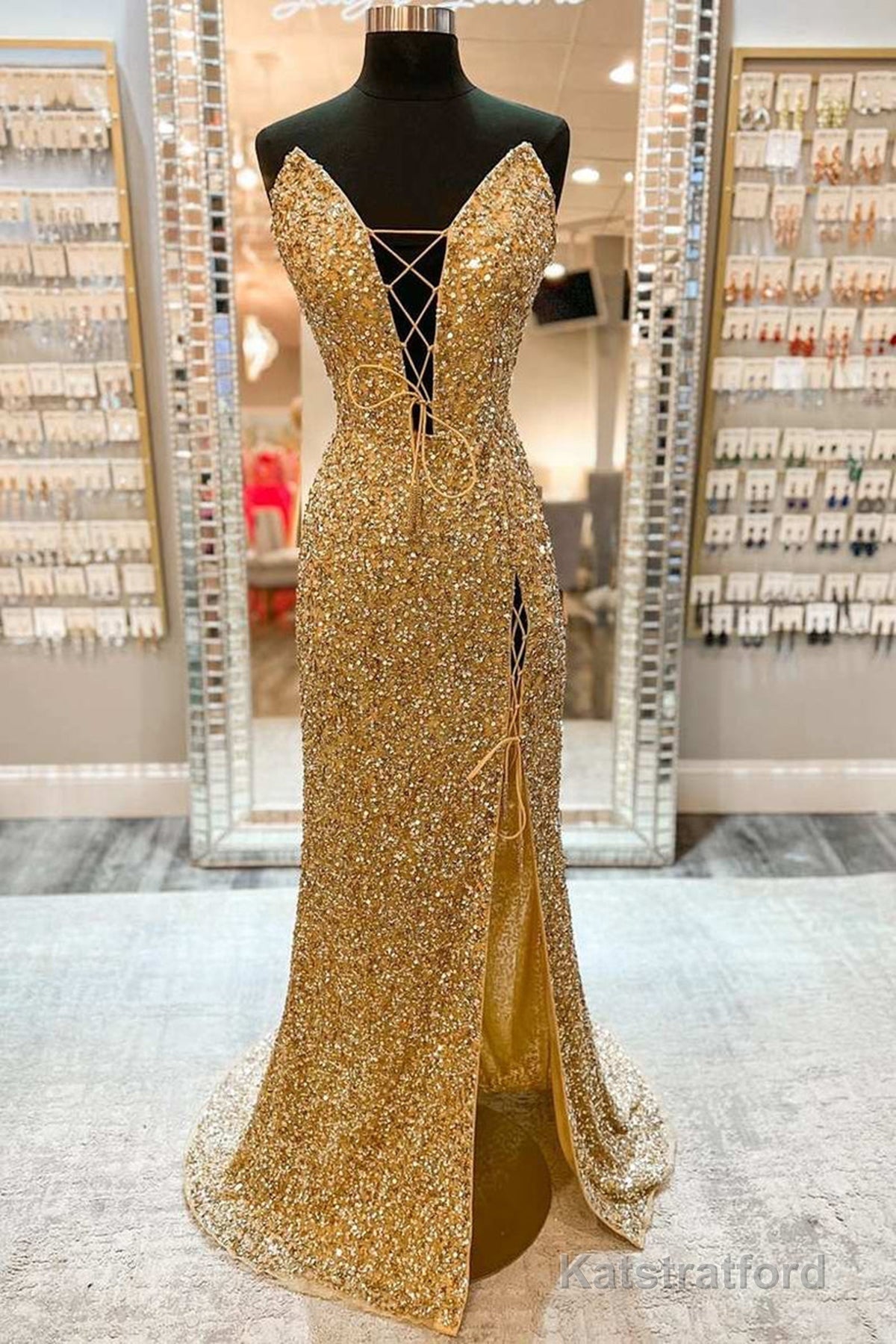 V Neck Mermaid Golden Sequins Long Prom Dress with High Slit, Mermaid Golden Formal Dress, Gold Sequins Evening Dress