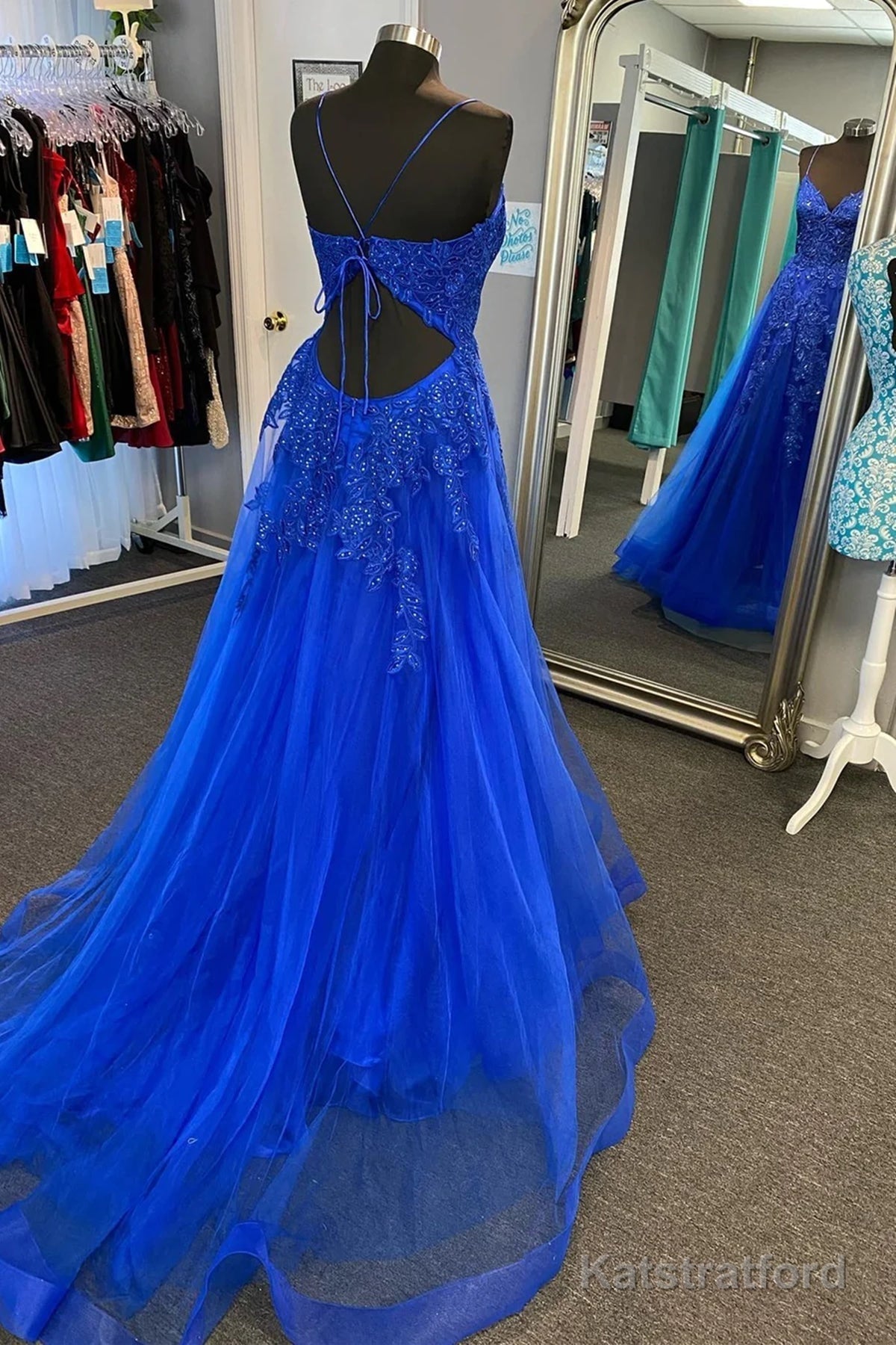V Neck Royal Blue Lace Prom Dresses, V Neck Royal Blue Lace Formal Evening Dresses