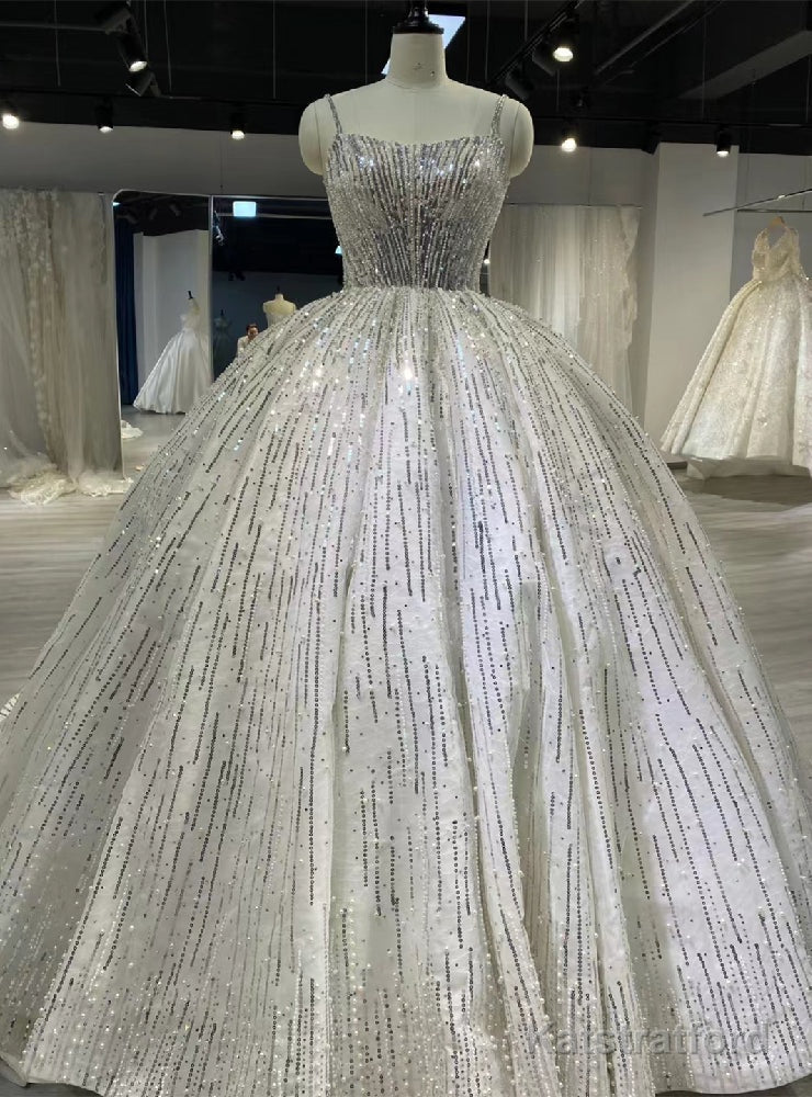 White Ball Gown Tulle Sequins Beading Straps Wedding Dress