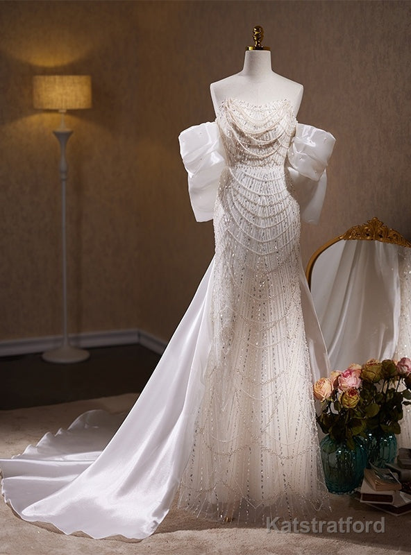 White Mermaid Sequins Beading Strapless Wedding Dress