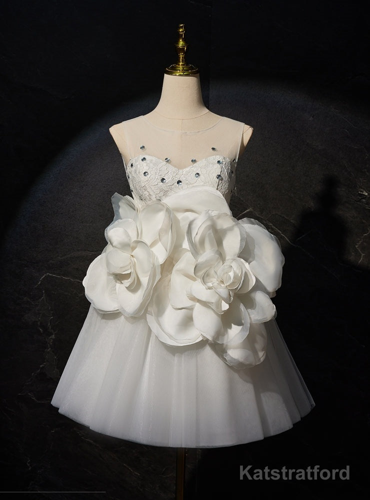 White Tulle Lace Backless 3D Flower Wedding Dresss