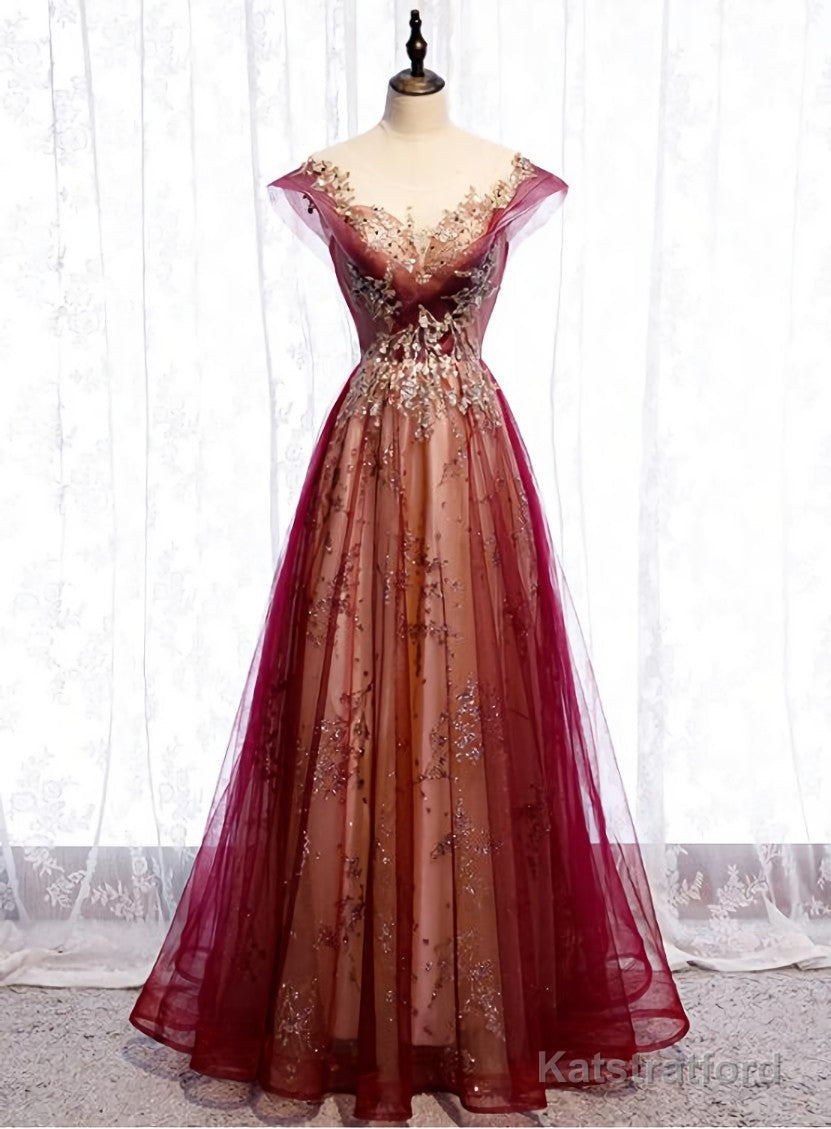 Wine Red Cap Sleeves Tulle with Lace Applique Party Dress, Wine Red Evening Dress Prom Dress