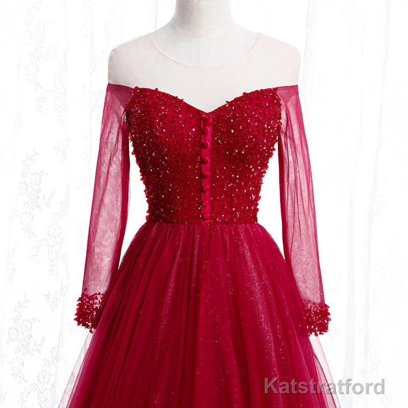 Wine Red Long Sleeves Beaded Tulle Evening Gown A-line Wine Red Long Prom Dress prom dresses shops