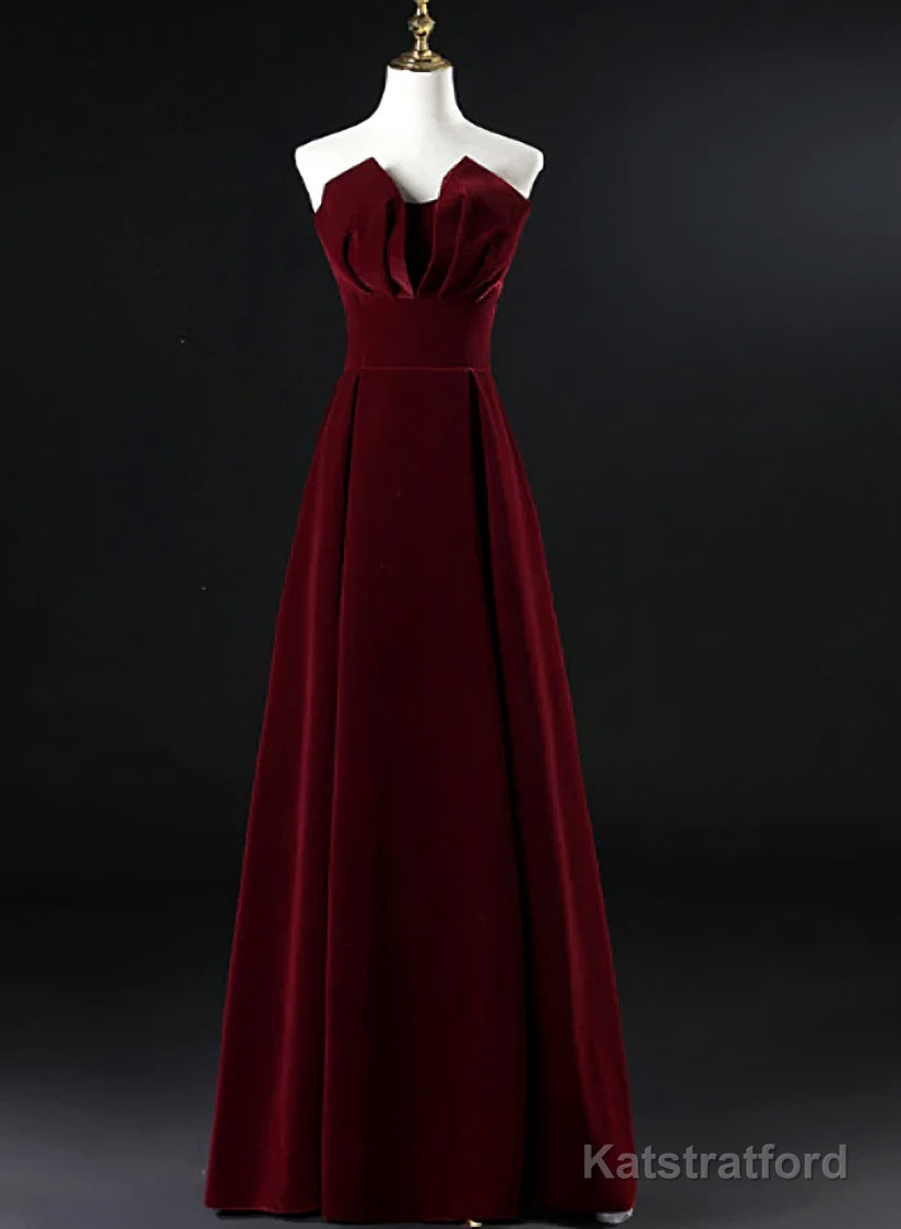Wine Red Velvet Floor Length Long Prom Dress, Dark Red Party Dress