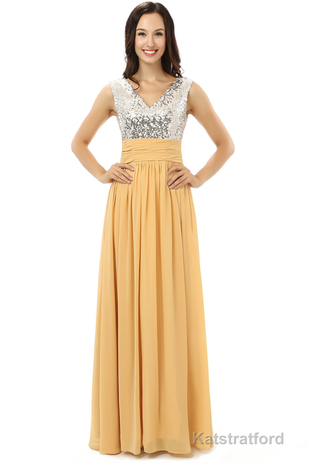 Yellow Chiffon Silver Sequins V-neck Backless Bridesmaid Dresses