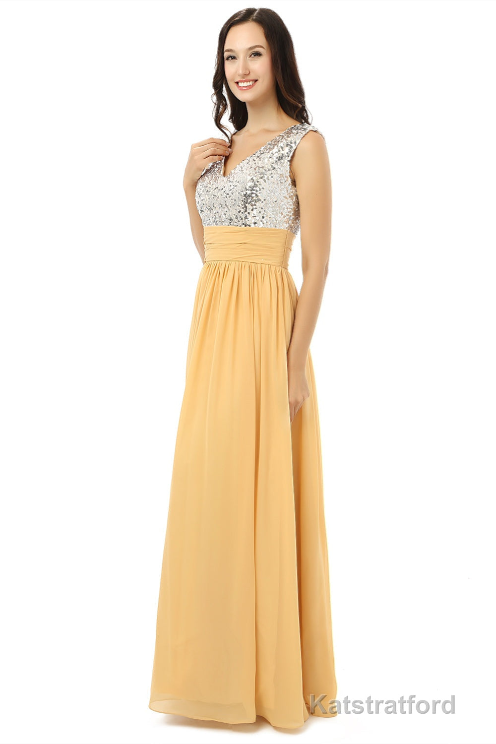 Yellow Chiffon Silver Sequins V-neck Backless Bridesmaid Dresses
