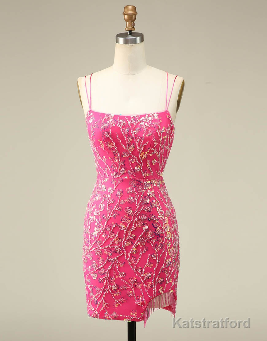 Gorgeous Sparkly Double Spaghetti Straps Tight Homecoming Dress With Fringe
