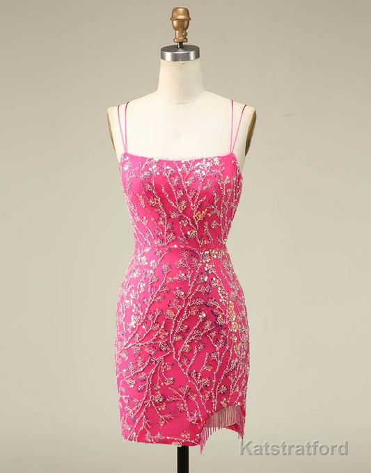 Gorgeous Sparkly Double Spaghetti Straps Tight Homecoming Dress With Fringe