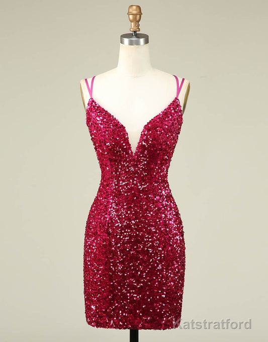 Sparkly Sequin Double Spaghetti Straps Tight Homecoming Dress