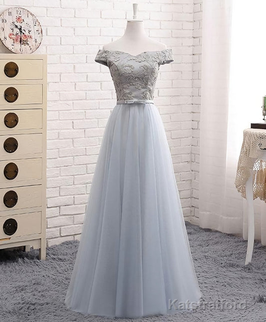 A Line Lace Tulle Off Shoulder Long Prom Dress, Evening Dress