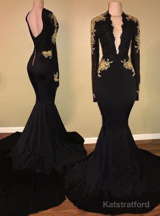 2025 Charming Long Sleeve Black V-neck Prom Dresses