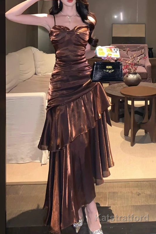 A-Line Brown Prom Dress features spaghetti straps Evening Dresses