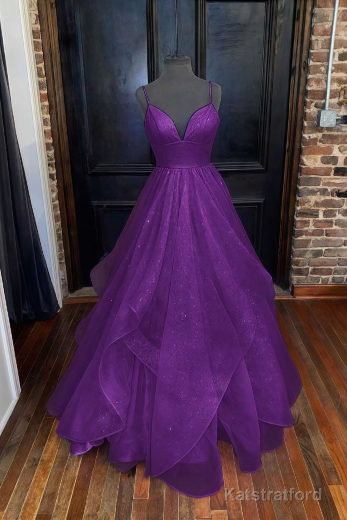 A-line Princess Sweetheart Sleeveless Long/Floor-Length Tulle Sparkling Prom Dresses