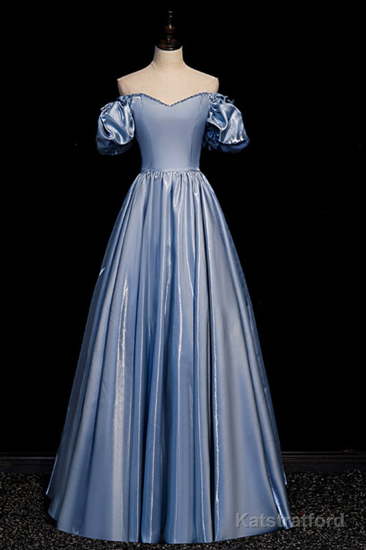 Cute Satin Long Prom Dresses, Blue Short Sleeve A-Line Evening Dresses