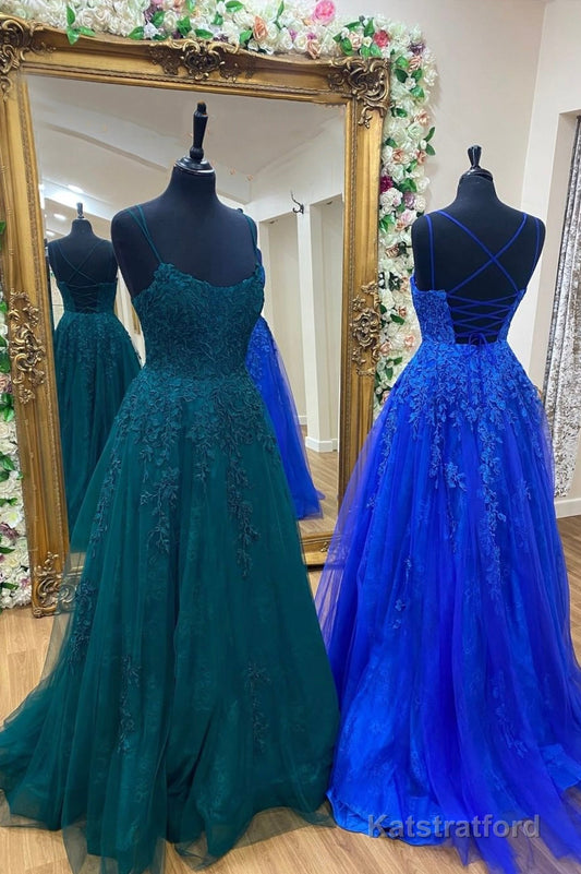 Cute Tulle Lace Long Prom Dress, A-Line Backless Evening Dress