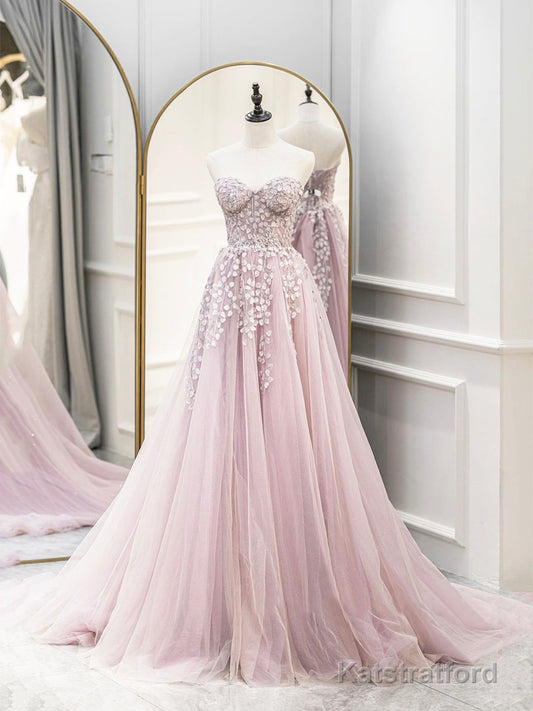 Cute Tulle Sweetheart Long Party Dress with Lace, Beautiful A-Line Prom Dress