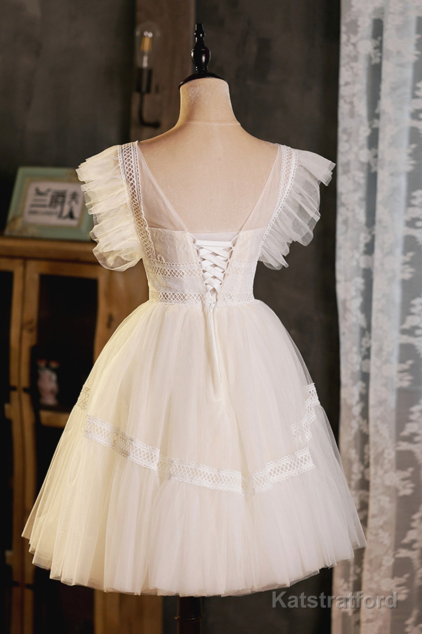 Cute Lace Short A-Line Prom Dress, Champagne Party Dress