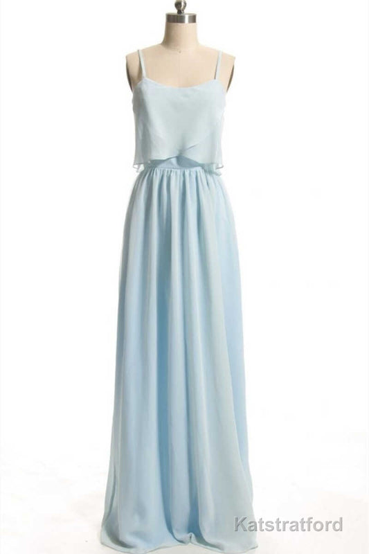 Dusty Blue Chiffon Spaghetti Straps Ruffled Long Bridesmaid Dress