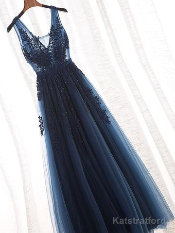 Glamorous Navy Blue Lace Tulle V Neck See Through Prom Dress