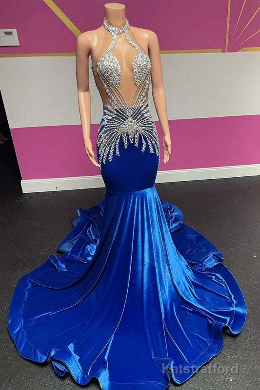 Royal Blue Halter Velvet Mermaid Silver Beaded Prom Dresses