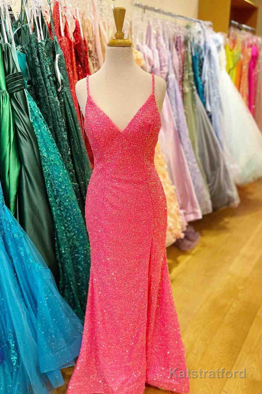 Hot Pink Mermaid V Neck Sequins Crossed Back Long Prom Dress with Slit
