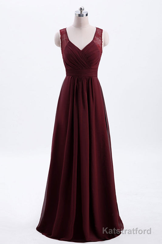 Burgundy Chiffon A-line Pleated Long Bridesmaid Dress
