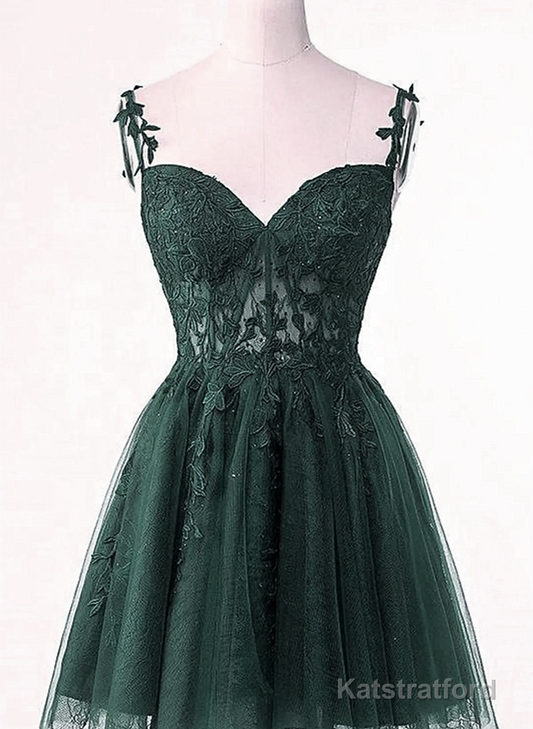V-Neckline Dark Green Tulle With Lace Short Homecoming Dress, Green Short Prom Dress