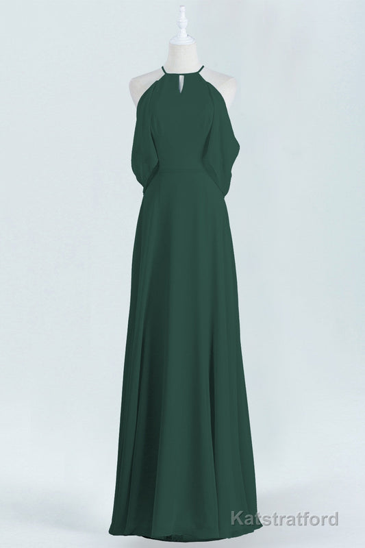 Hunter Green Chiffon A-line Long Bridesmaid Dress with Cold Sleeves