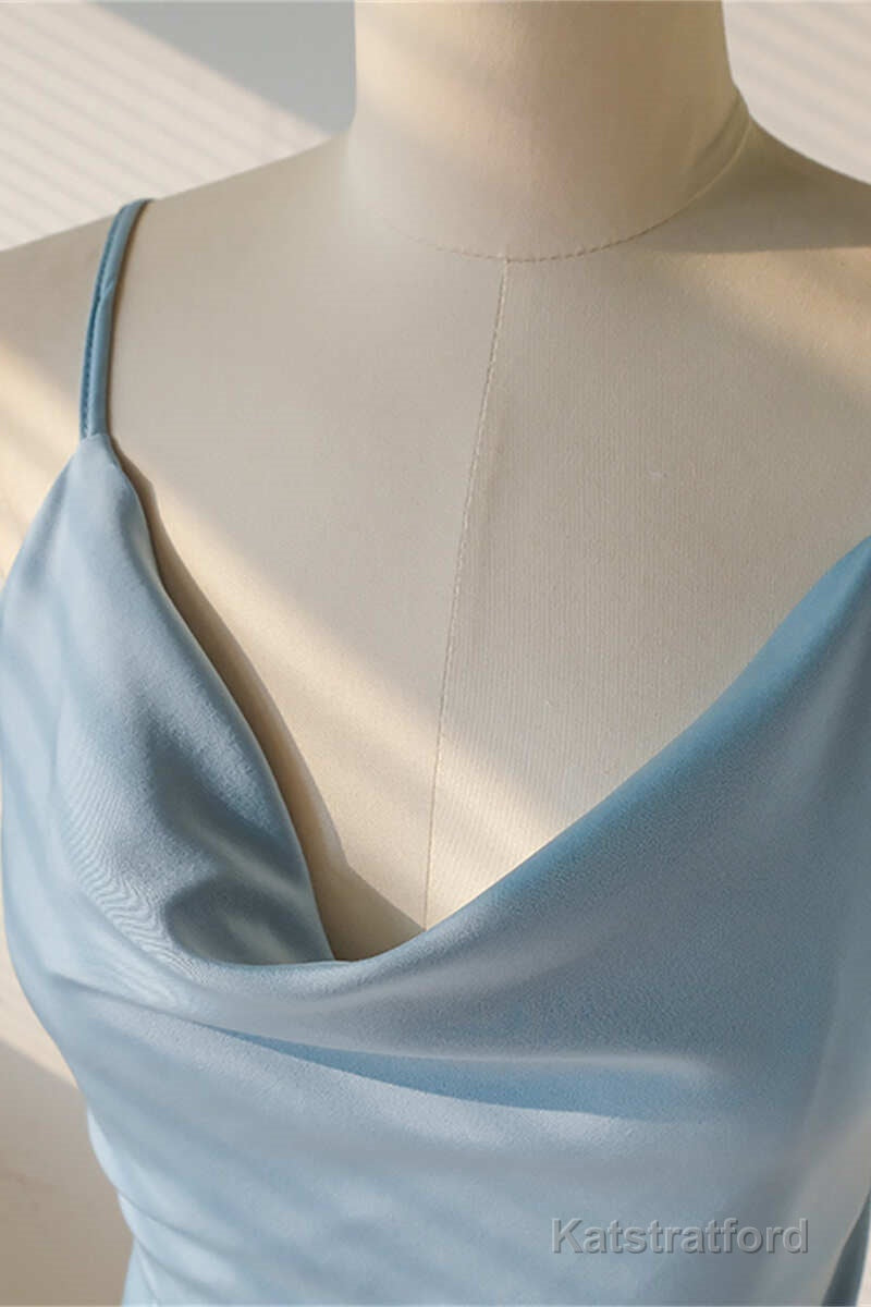 Ice Blue Cowl Neck Mid-Calf Length Bridesmaid Dress