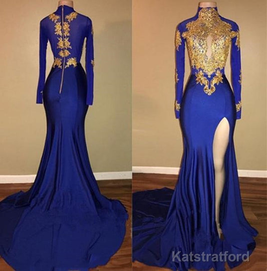 Charming African Royal Blue Side Slit Sheath Long Sleeves Prom Dresses