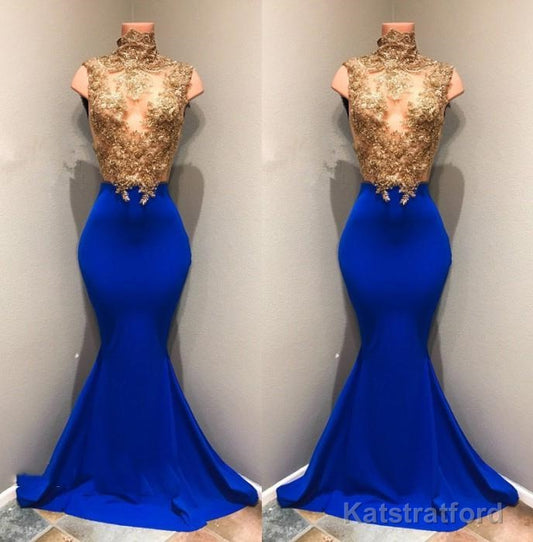Charming Royal Blue Mermaid See Through Gold Appliques African Long Prom Dresses