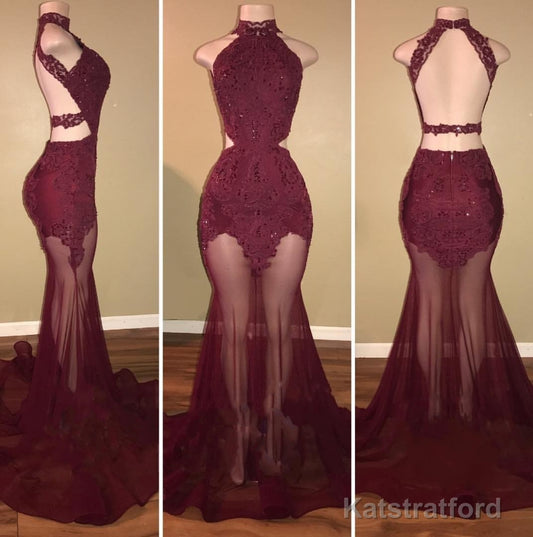 Burgundy Mermaid See Through Backless Tulle African Prom Dresses