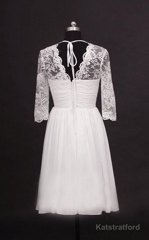 2025 A Line Cheap V Neck Long Sleeves Chiffon Knee Length Short Lace Wedding Dresses